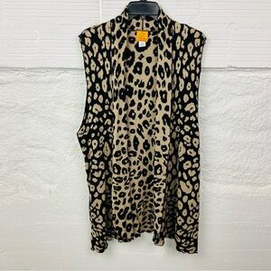 Ruby Rd. Black and Tan Animal leopard Print sleeveless open front cardigan SZ 1X